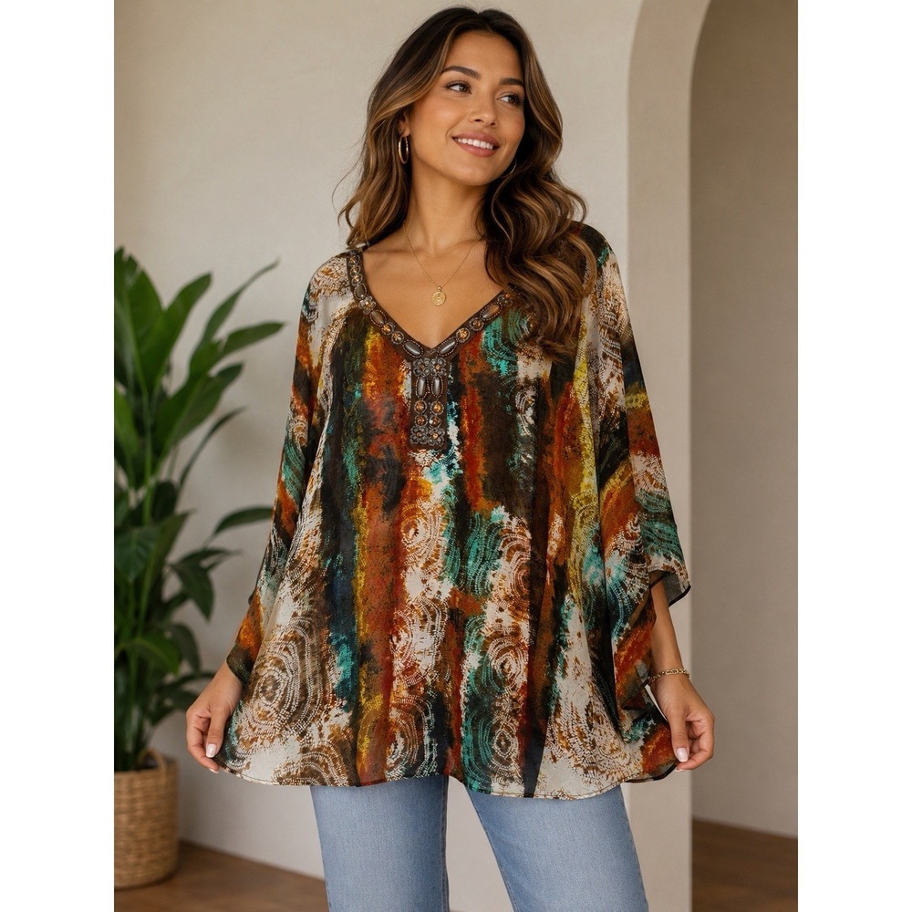 Colorful Sheer Blouse Jeweled Beaded Bohemian Fairy Abstract Artsy Size 1X
